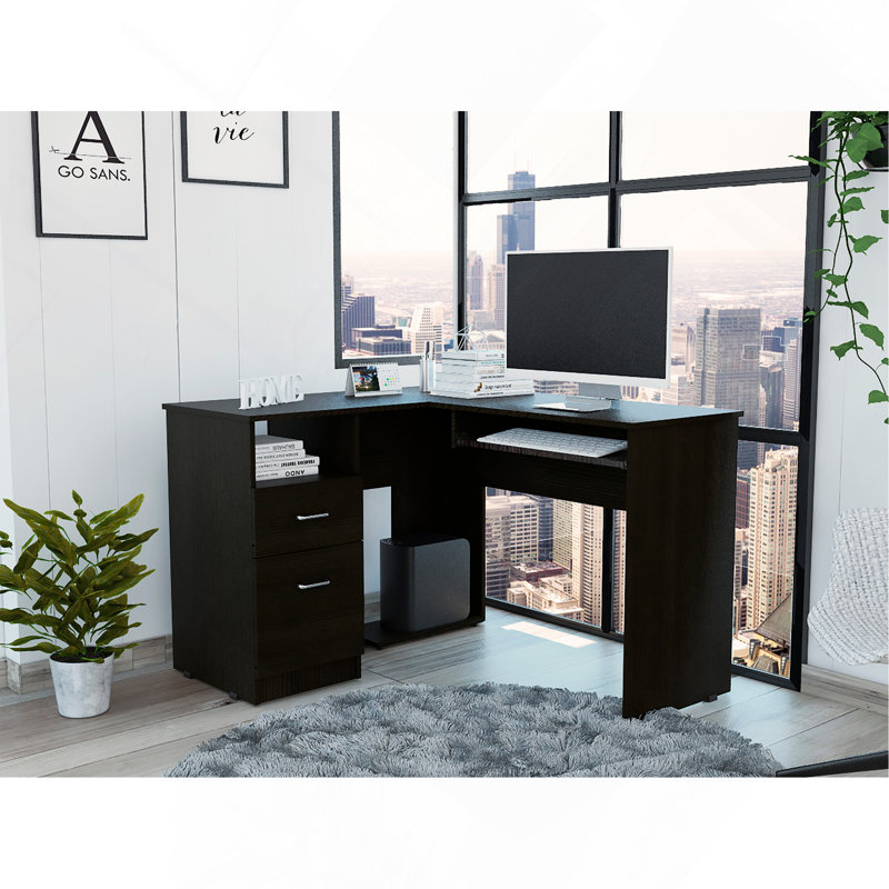 Mix L-Shaped Desk, Keyboard Tray, Two Drawers, Single Open Shelf -Black, Black