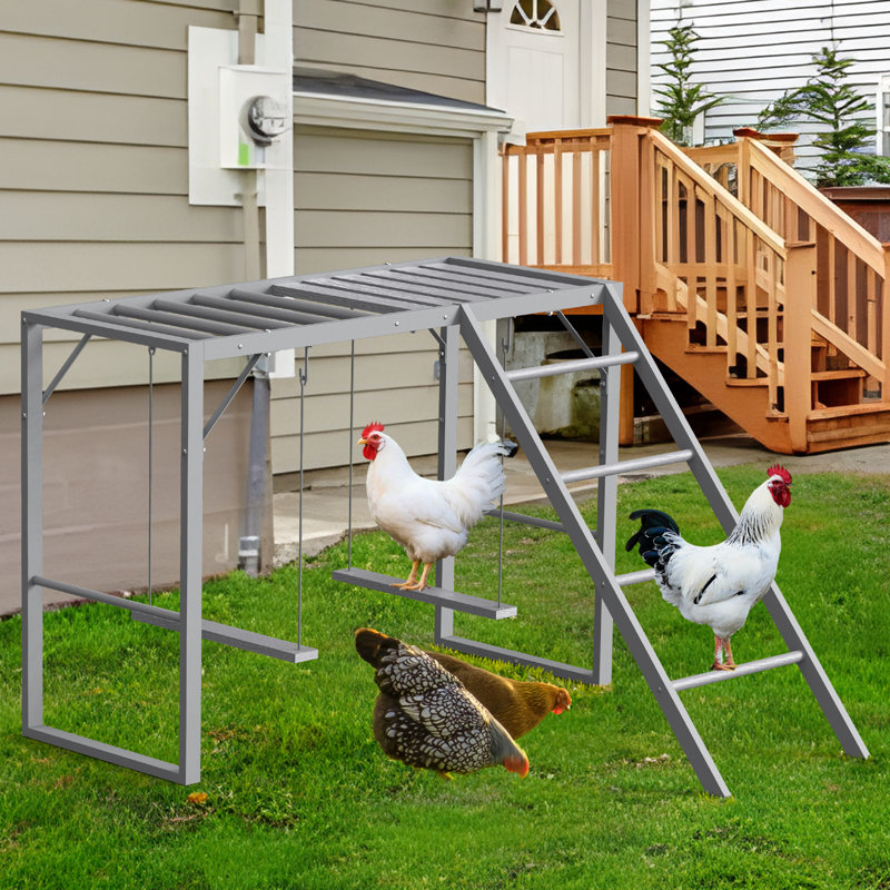 Échelle grimpante grise de style table avec perchoir et balançoires doubles - Structure de terrain de jeu extérieure pour la volaille