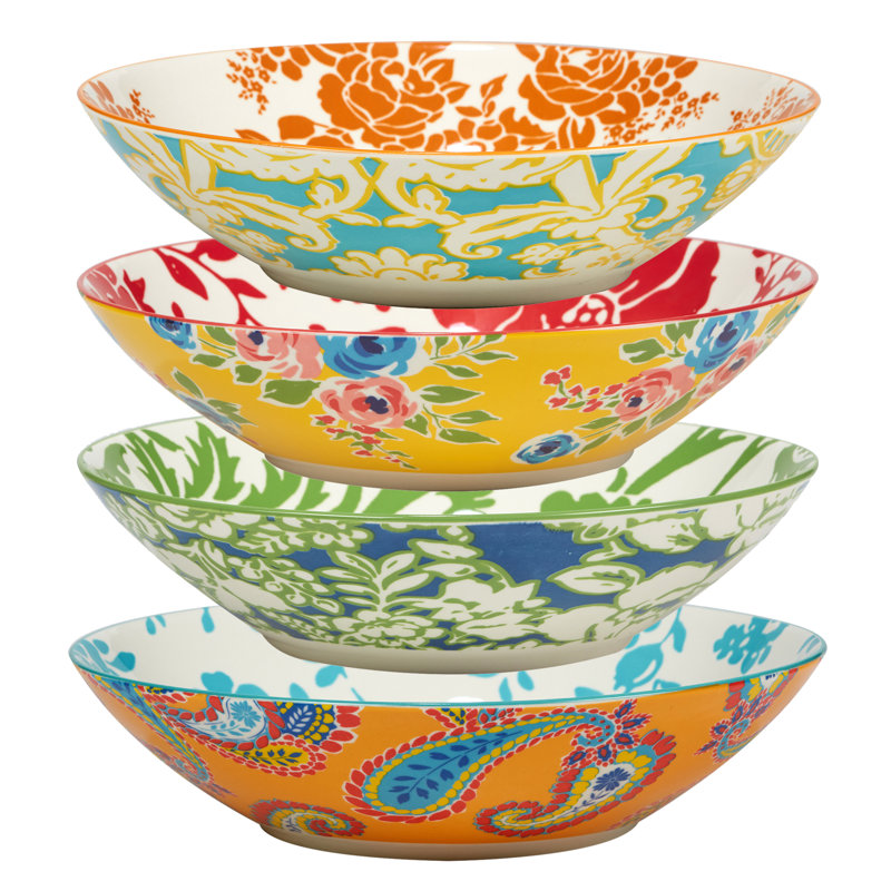 Set of 4 Multicolor Ceramic Floral Soup Bowls