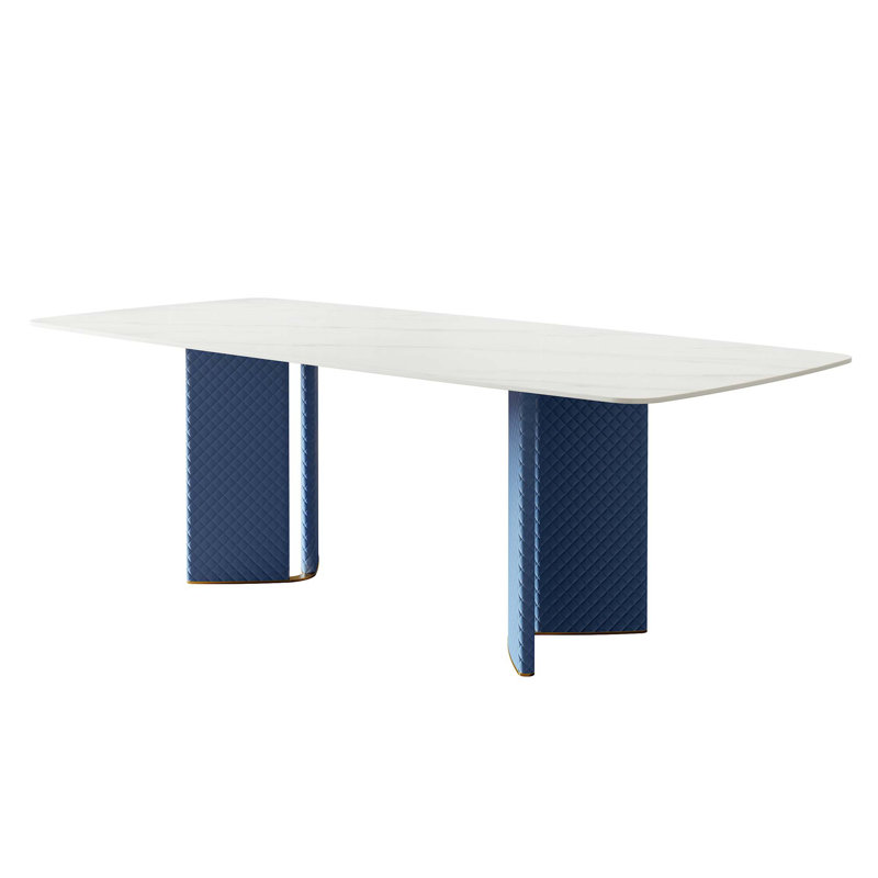 Table de salle à manger en acier inoxydable avec plaque de roche et cuir tissé