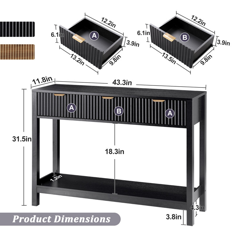 2-Tier Modern Console Table With With 3 Drawers, Set of 2 Black Wood Entryway Table Set For Living Room, Black