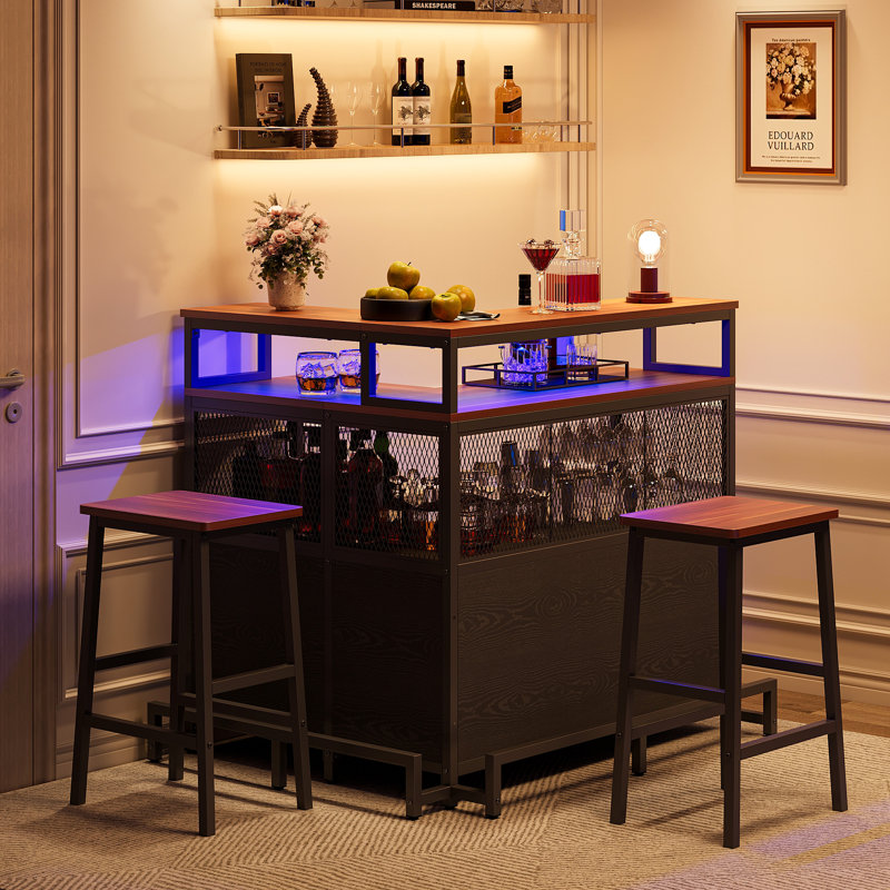 Industrial L-Shaped 3-Piece Bar Table Set for 2 – 4-Tier Home Bar Cabinet with LED Lights, Wine Rack & Stemware Holder for Kitchen, Dining Room or Small Apartment