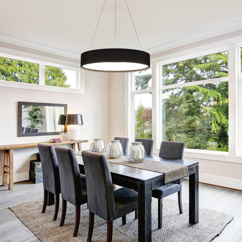 23-inch Modern Led Black Chandelier With Acrylic Drum Shade, Round Contemporary Dining Room Light Fixtures Drum Pendant Light, Kitchen Island Lighting