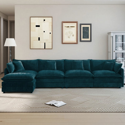 Clitheroe 5-Seaters 146.6" Modular L-Shaped Chenille Upholstered Sectional Sofa, with Movable Ottoman