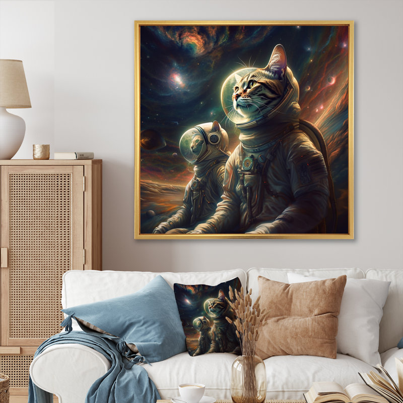 Ohara " Interstellar Space Cat ", 36" H x 36" W x 1.5" D, Gold Floater Framed