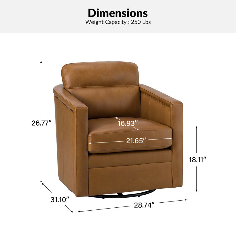 Fauteuil demi-tonneau pivotant en cuir véritable de 28,74 po de largeur avec garniture cloutée Alfonso, Cuir fleur camel