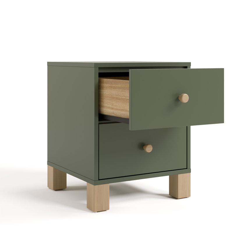 Olive Painted Wood 2 Drawer Nightstand with Driftwood Legs