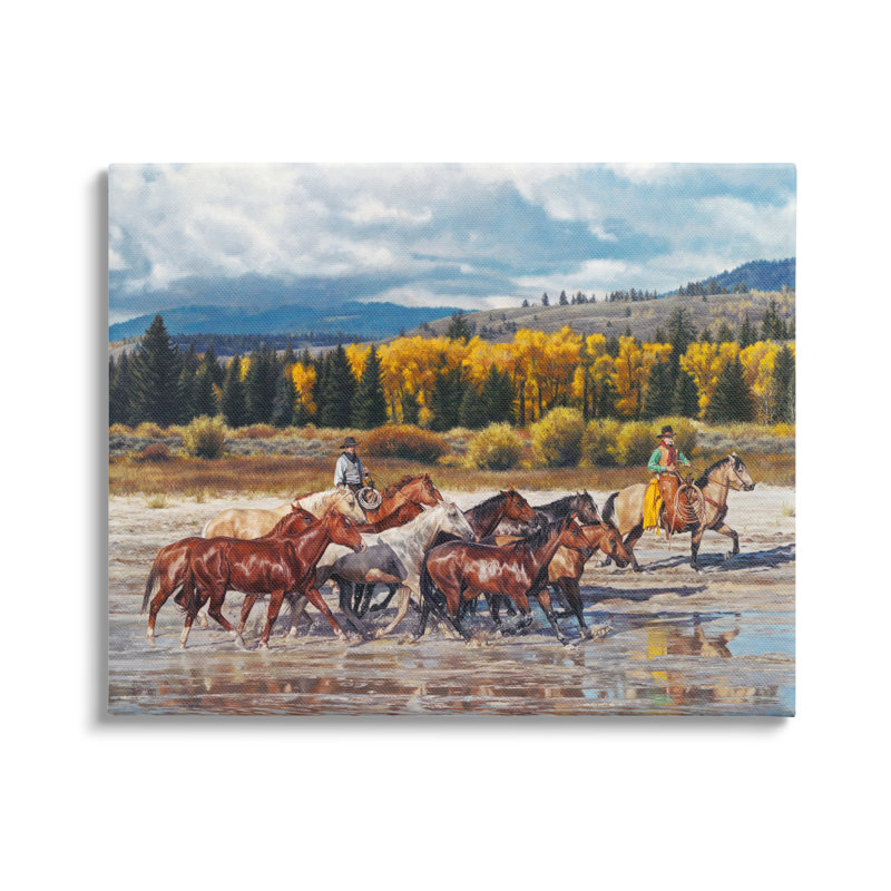 Cowboys au galop, paysage de rivière sur toile, H 30 po x l 40 po x P 1,5 po