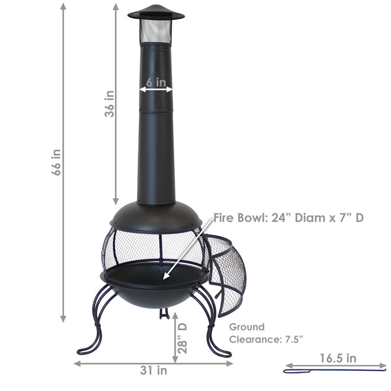 66" Black Steel Wood-Burning Outdoor Chiminea with Rain Cap