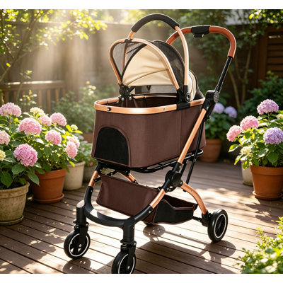 Pet Stroller for Dogs and Cats, 2-in-1 Detachable Foldable 4 Wheels Pet Stroller, Quick One-Hand Fold, Storage Basket, Detachable Carry Basket with Sun Canopy(Khaki++Gold)