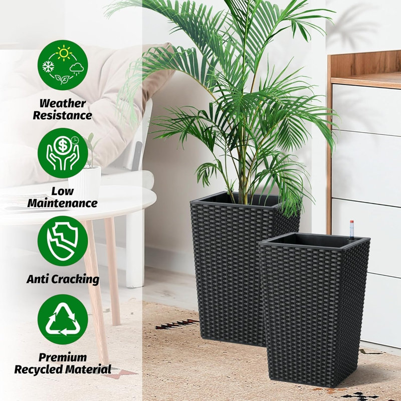 Paquet de 2 pots de fleurs à arrosage automatique en rotin de 16 pouces avec indicateur de niveau d'eau - noir, Noir