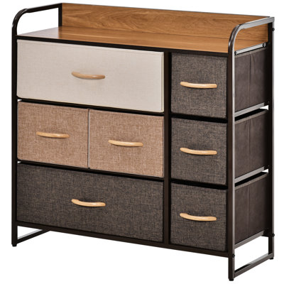 Commode à 7 compartiments pour chambre. Tiroirs en tissu, dessus en bois. Construction robuste pour un usage quotidien. Pliable. Structure en acier. Stable. 80 cm L x 29 cm P x 79 cm H. Marron. Grande capacité de rangement.