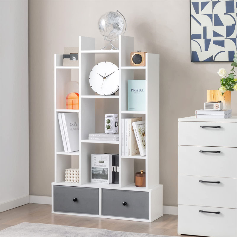 Tree Bookshelf, 7/12-Tier Wooden Bookcase Storage Shelving Unit With Folding Drawer, Freestanding Magazine Book Display Rack For Home Office Living Room (With 2 Drawers, 12-Tier)