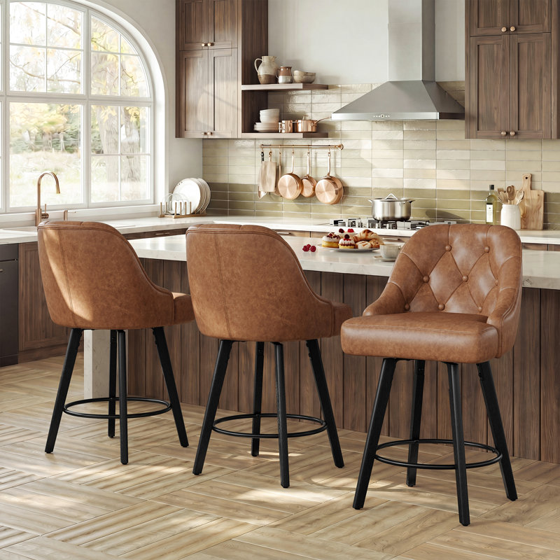 Swivel Upholstered Counter Stool with Solid Wood Frame, Grey Faux Leather, 1