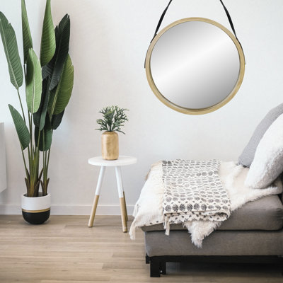 Miroir rond moderne beige 21 "avec finition grain de bois