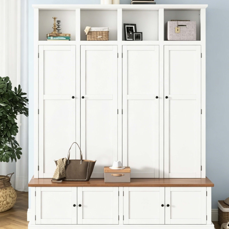 Farmhouse All-in-One Entryway Hall Tree with Cabinets, Bench and Open Cubbies, Large Mudroom Organizer, White