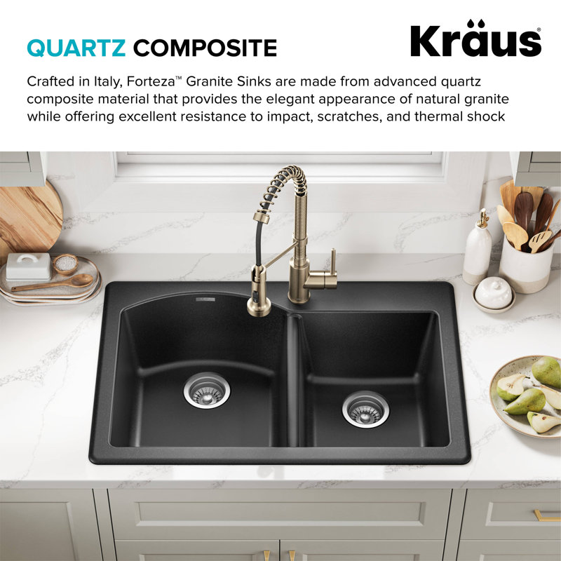 KRAUS Forteza™ 33" L Dual Mount 60/40 Double Bowl Granite Kitchen Sink, Black