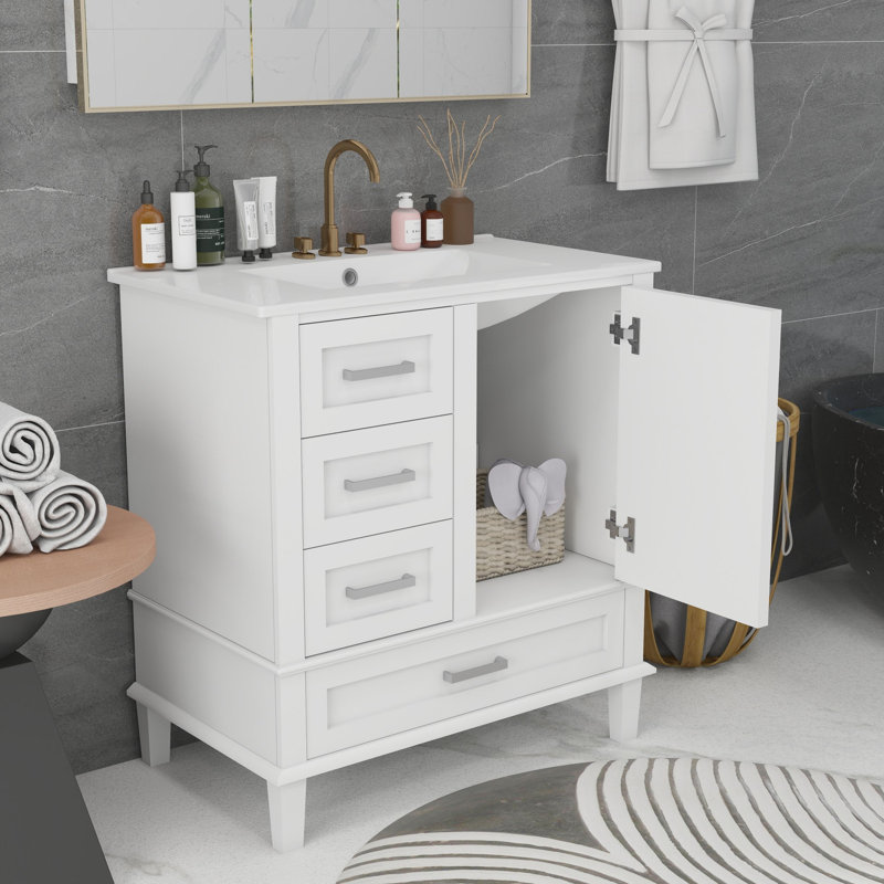 Meuble-lavabo simple 30 po avec plateau en céramique Shenae, Blanc