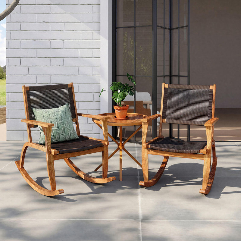 Outdoor Rocking Chair Set with Wicker Seat, Dark Brown