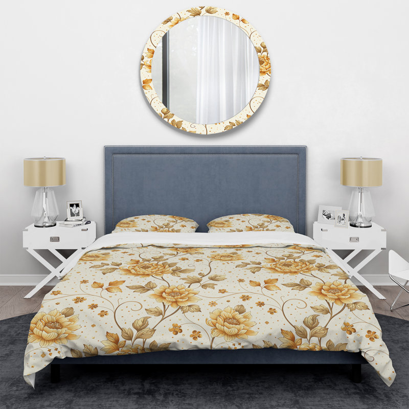 Ensemble de housse de couette Ivory Gold Flower Blooms - Glam, Housse de couette très grand + 2 taies décorativ