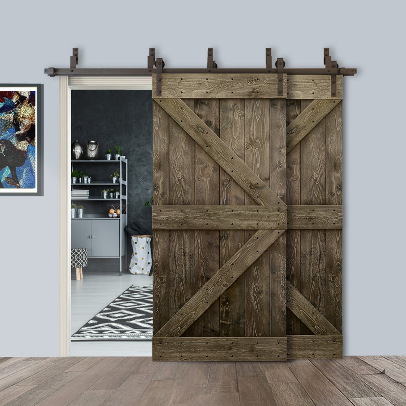 Espresso Stained Solid Pine Double Sliding Barn Door Kit with Oil Rubbed Bronze Hardware