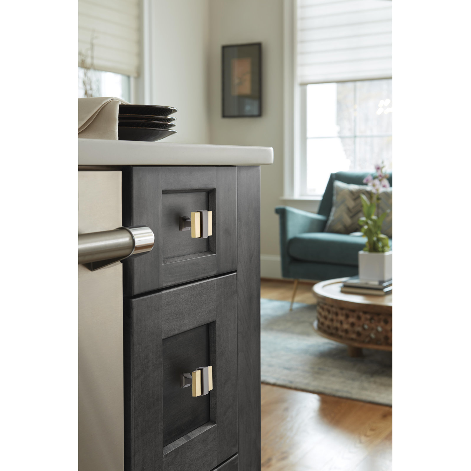 Overton Square Cabinet Knob, Brushed Gold/Black Chrome
