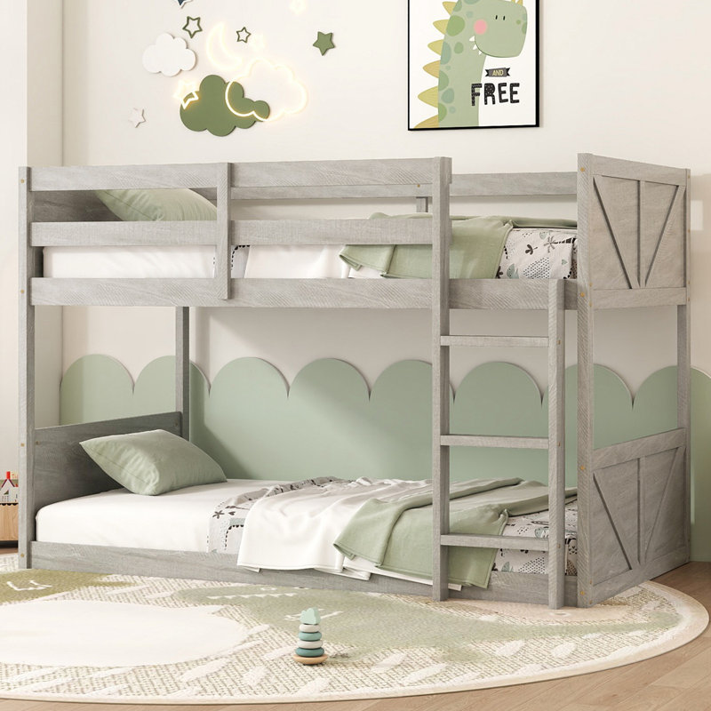 Twin over Twin Floor Bunk Bed with Panelled Headboard, Footboard, Safety Guardrails and Built-in ladder, Antique White