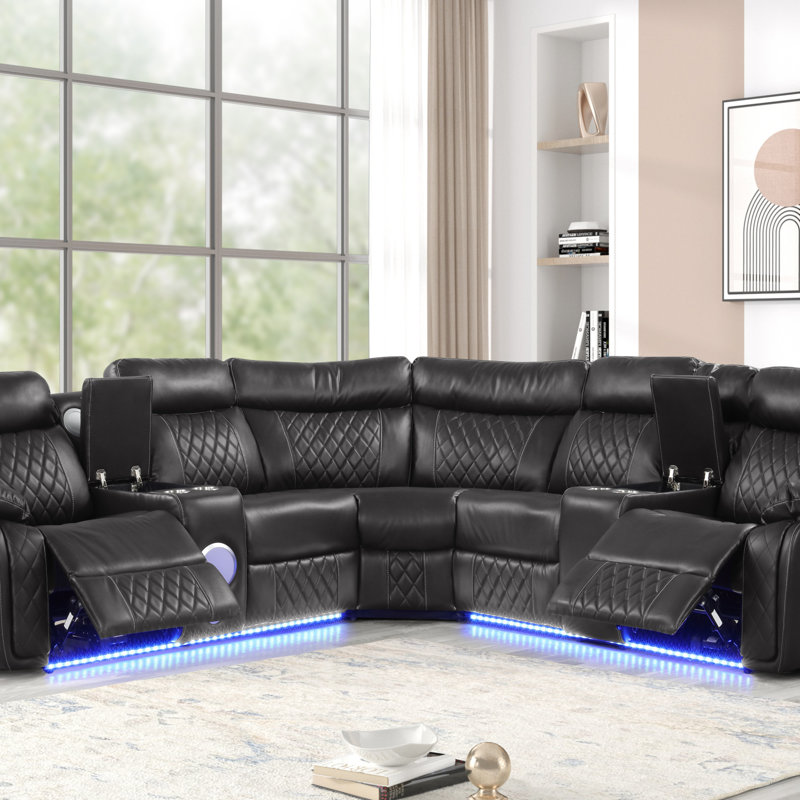 Lacrosse Modern Power Recliner Sectional With Bluetooth Speaker, LED Lights, And Wood & Metal Frame, Grey Fabric