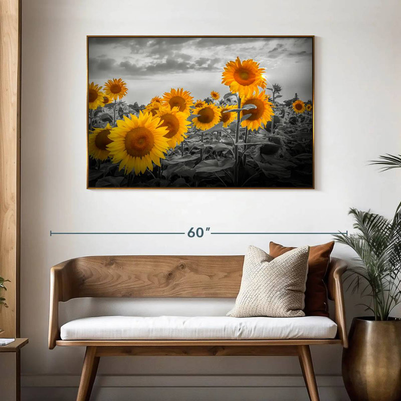 Tournesols dans la soirée - couleur jaune, 46 po x 31 po, Cadre flottant doré