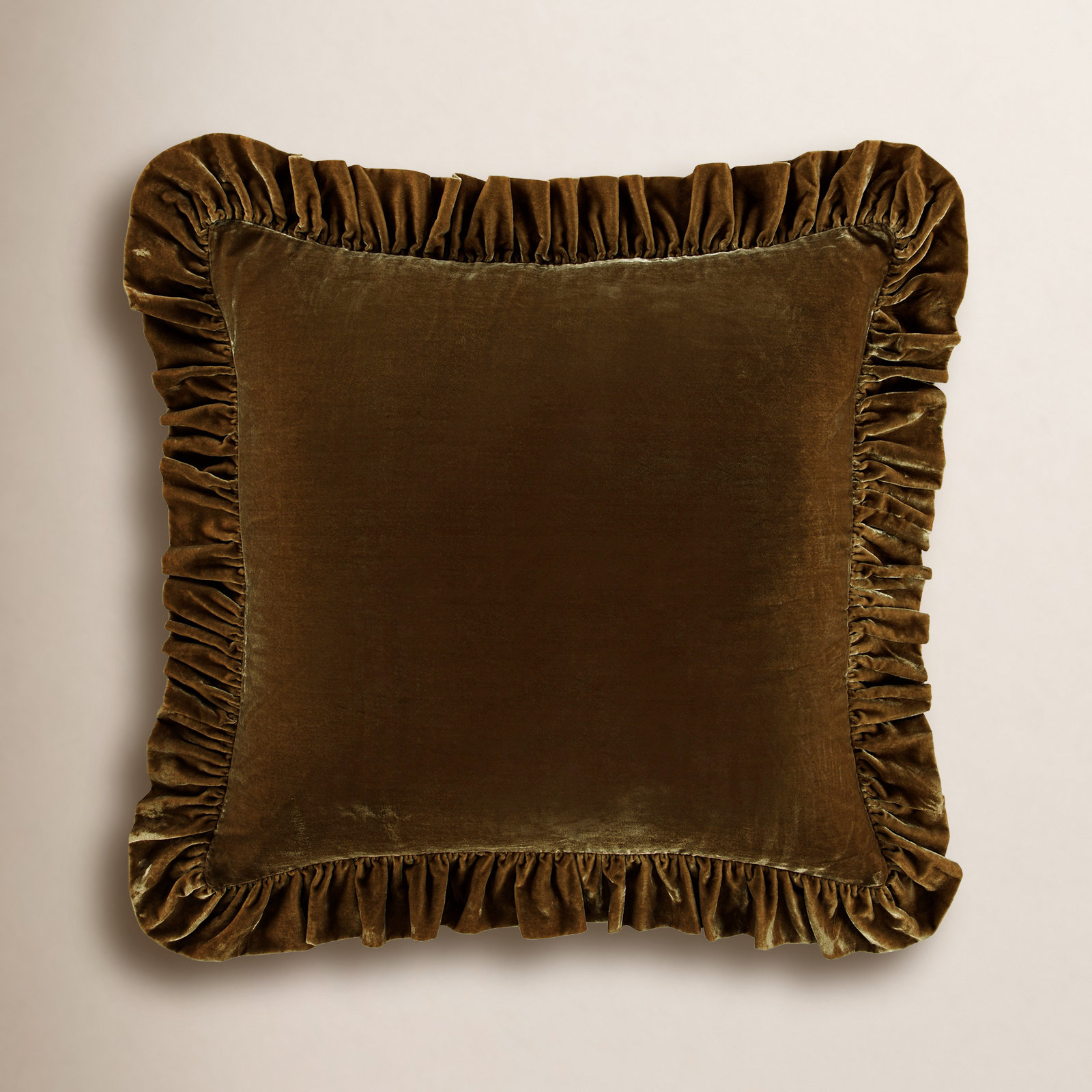 Stella Faux Silk Velvet Classic Chic Modern Rustic Ruffled Euro Sham, Green Ochre
