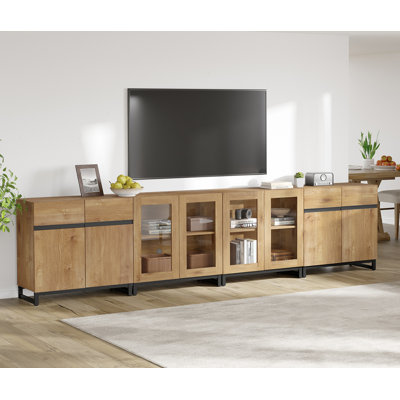 Meuble télé 4 en 1 pour téléviseur de 120 po ou moins, centre de divertissement moderne avec portes en verre et pieds en métal, console de télévision avec tablette réglable