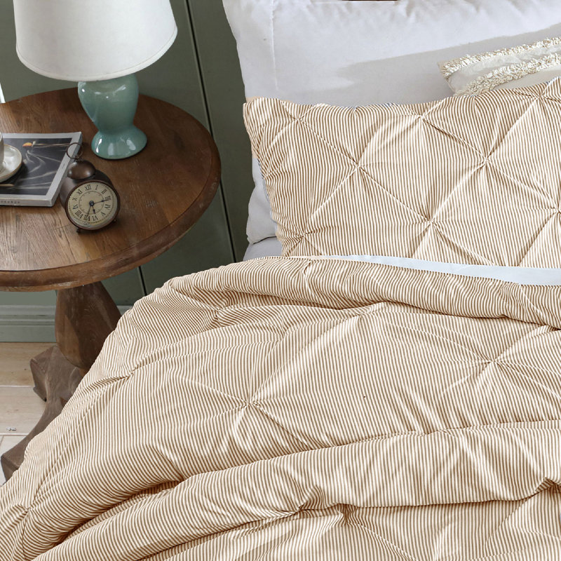 Traditional Pintuck Pleat Microfiber 3-Piece Comforter Set, King Comforter + 2 King Shams, Beige Stripe