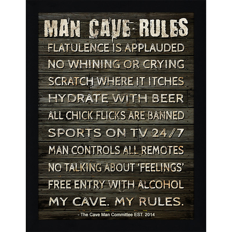 « man cave rules i », art textuel encadré, H 25,5 po x l 19,5 po x P 1 po