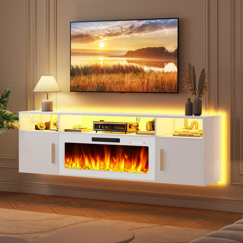 Alazik Floating TV Stand with 36" Electric Fireplace, White/White