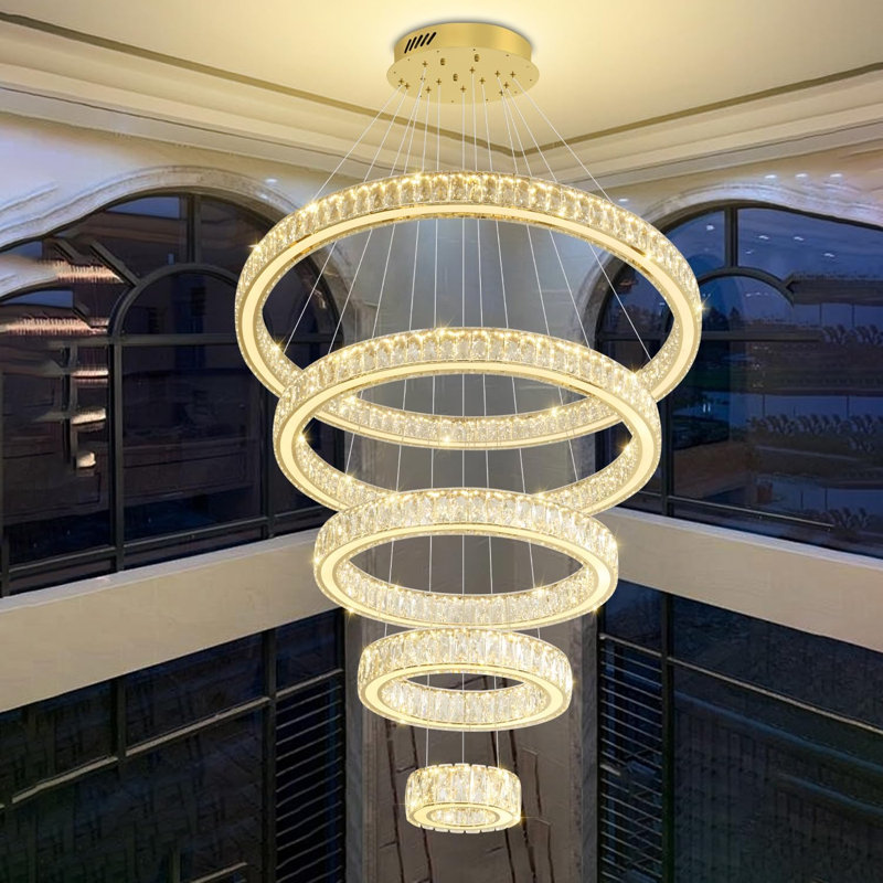 Lustre doré à 5 anneaux pour hauts plafonds, lustre moderne à grands anneaux en cristal