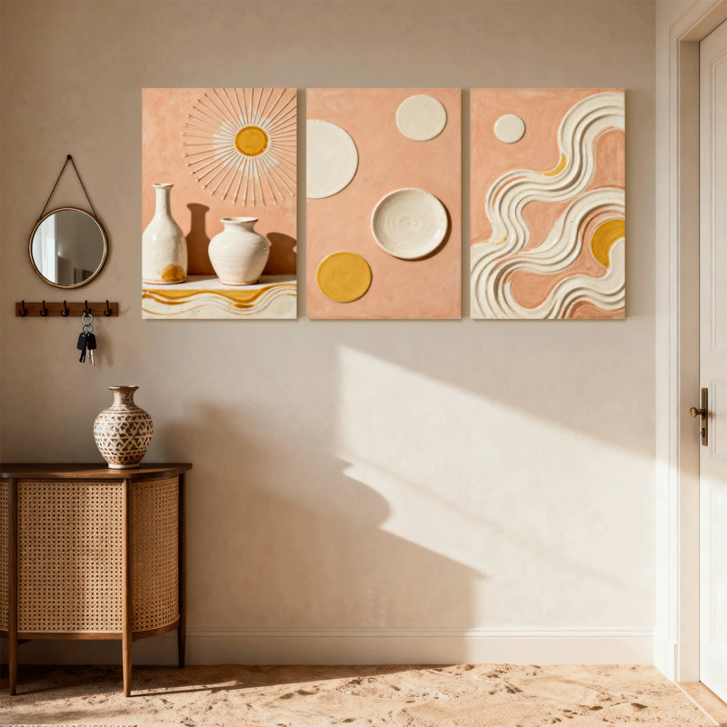 Abstrait, rayons de soleil, cercles, vagues, vases, ensemble de 3 impressions sur toile, H 24 po x l 48 po