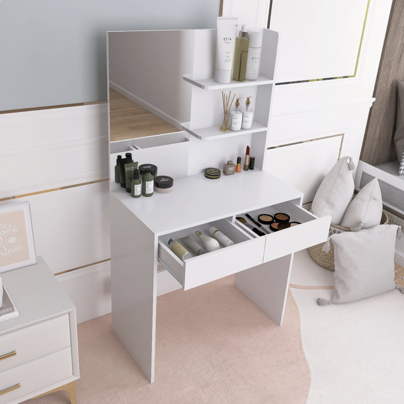 Coiffeuse de rangement avec miroir et 2 tiroirs