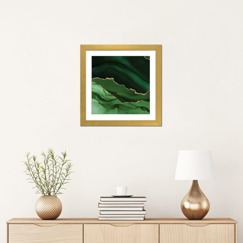 Green Gold Agate Texture XII, 16" H x 16" W x 1" D, White, Gold Open Corner Framed Paper