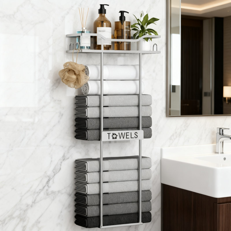 Grand porte-serviettes mural, rangement vertical à 2 niveaux avec panier pour économiser de l'espace dans la salle de bain, deux options d'installation incluses