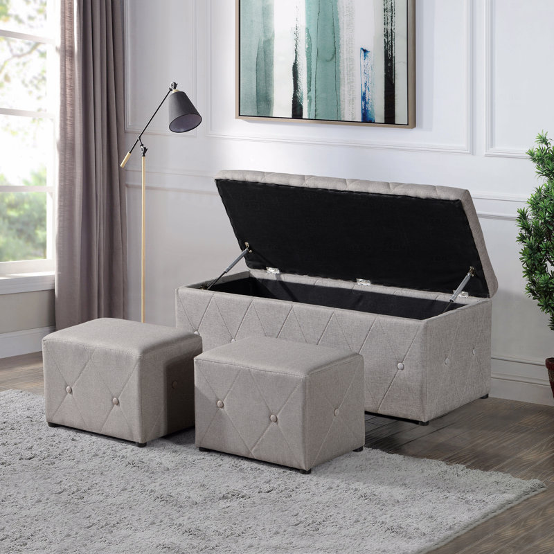 Ensemble de 1 repose-pieds rectangulaire avec rangement en tissu de lin, 2 repose-pieds beige