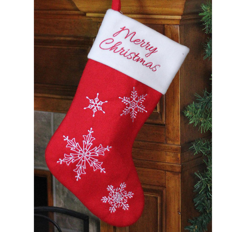 Red and White Embroidered Merry Christmas Stocking with Snowflakes