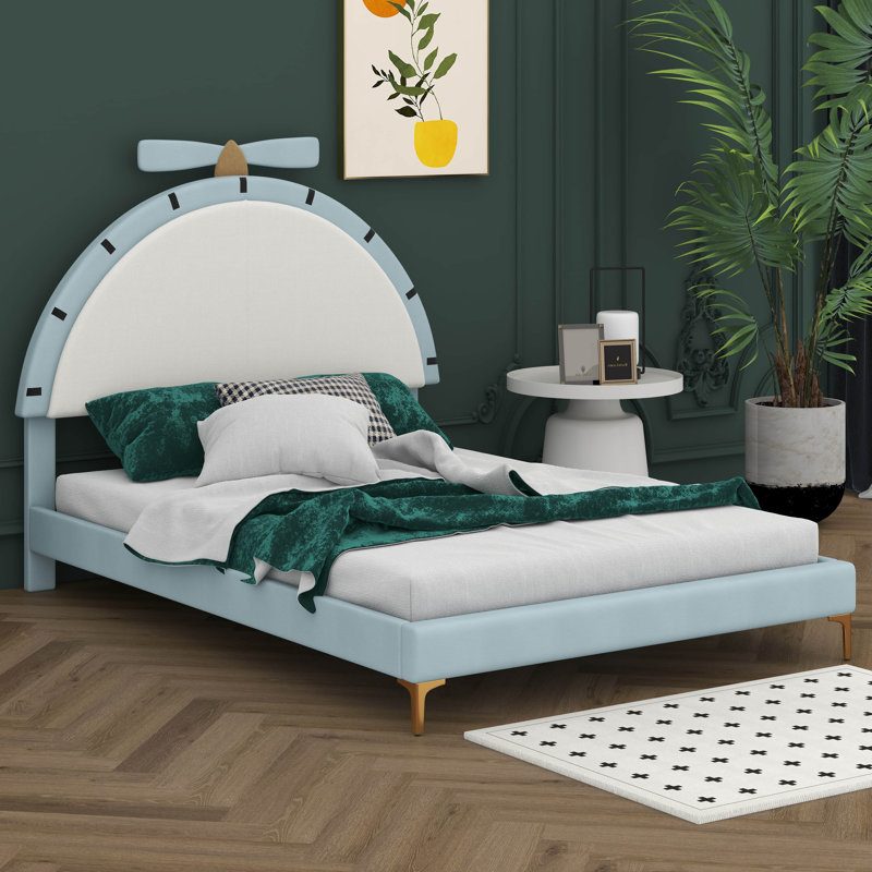 Upholstered Platform Bed With Alarm Clock Shaped Headboard, Double