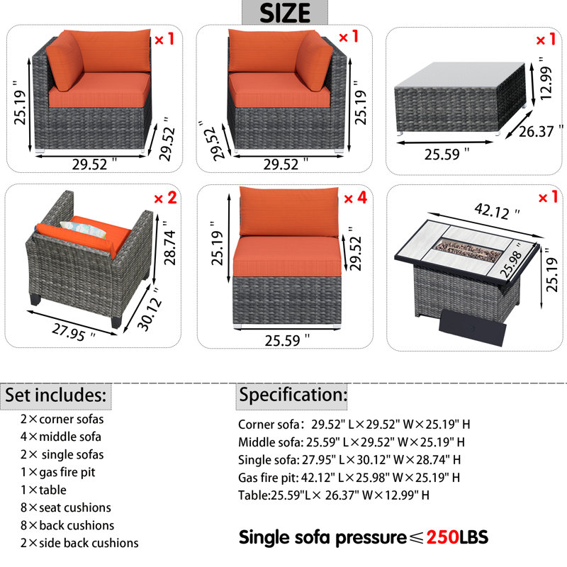 Reniyah 8 - Person Patio Conversation Set with Cushions, Orange