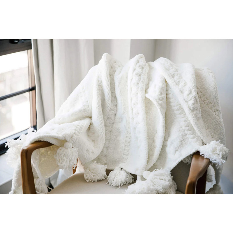 Braided Pom Throw Blanket, Off White