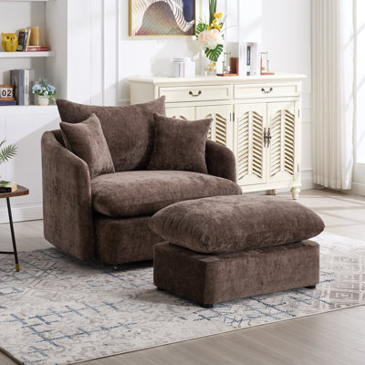 46" Oversized Swivel Chair With Ottoman Upholstered Deep Seat Accent Chair With 2 Pillows Suitable For Living Room, Bedroom, Lounge, Office