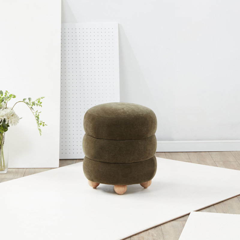 Dalisha 17" Round Ottoman, Natural, Dark Olive Green Velvet