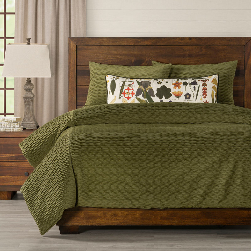 Pleated Velvet Olive Green Duvet Cover & Insert Set, California King Duvet Cover + 2 Shams + 1 Pillow