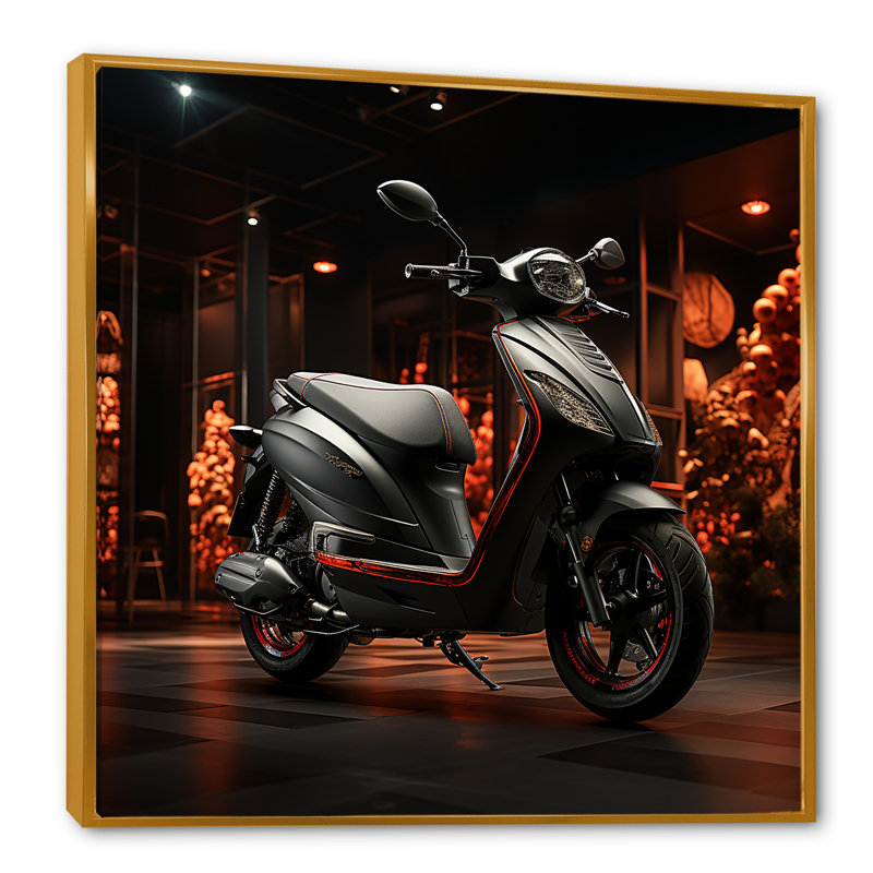«Night Streets And Scooters IV», reproduction sur toile, Cadre flottant doré, H 16 po x l 16 po x P 1 po