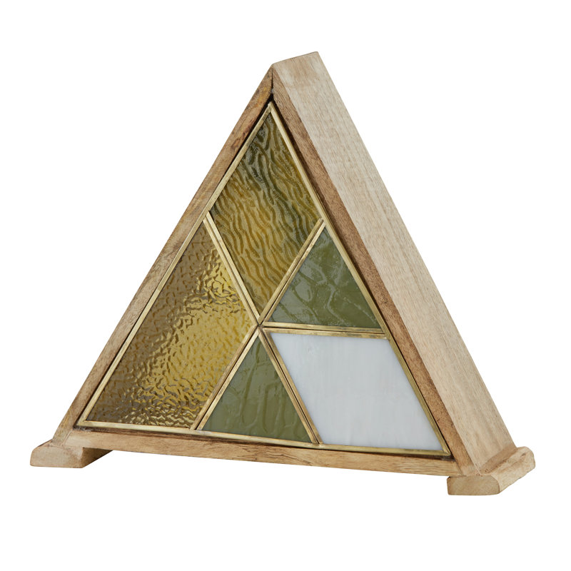 11" H Stained Glass Triangle Shade Wood Base Accent Lamp - Bungalow Rose, Gold