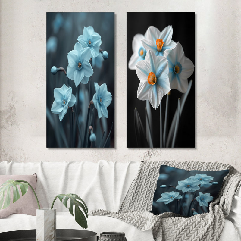 Monochromes bleu gris Whimsy Wonderland Daffodils I - jonquille, impression murale 2 pièces, H 40 po x l 40 po